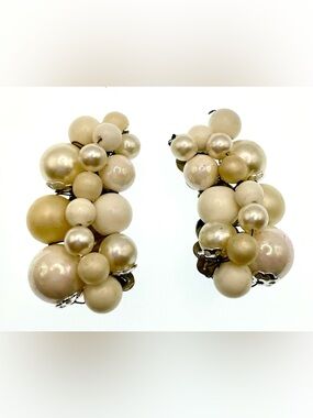 Vintage Japan Beaded Cluster Earrings Faux Pearl 1950s Mid Century Clip On